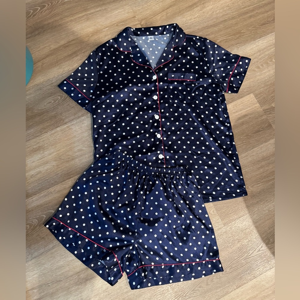 Satin 2 Piece Pajama Set Short Sleeve Top & Shorts S Navy Blue & Red